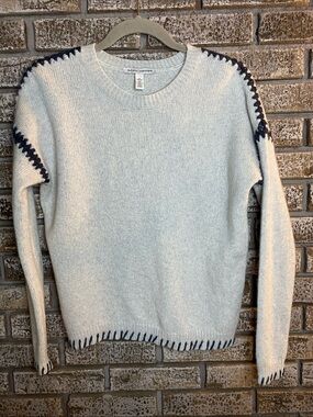 Autumn Cashmere 100% Cashmere Heather Gray Crewneck Sweater with Navy Stitching